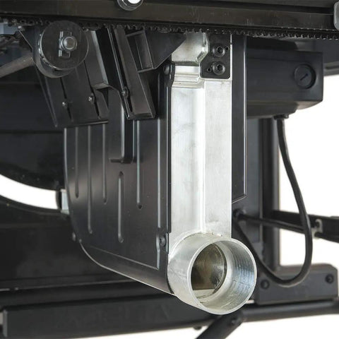 Trusted Contractor Workhorse 10 Inch Table Saw dust collection port showing aluminum finish and smooth design for efficient cleanup.