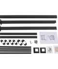 Heavy Duty Three Step Outdoor Steel Handrail Featuring Integrated Child Guard Panel And Weather Resistant Finish For Front Porch Stairs Providing Rock Solid Safety And No Sweat Assembly parts layout including steel bars and assembly instructions.