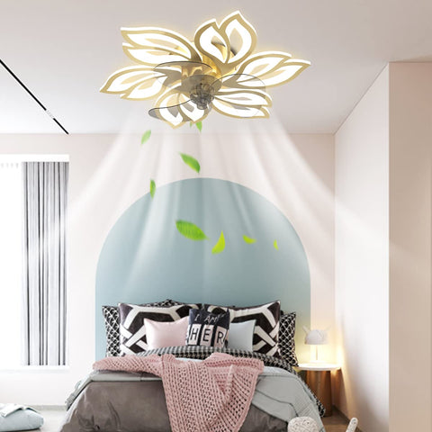 Bladeless Ceiling Fan With Lights And Remote Control 25 Inch LED Flush Mount Golden Finish 72W Modern Flower Shape for Bedroom