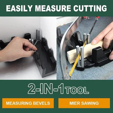 Real Deal Two In One Mitre Measuring And Cutting Tool For Swift Precision Woodworking Cuts No Sweat Angle Finder in use measuring bevels and saw cutting.