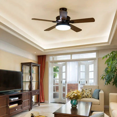 Top Shelf Nordic Wood Ceiling Fan Chandelier With Remote Control in stylish living room with solid oak blades.