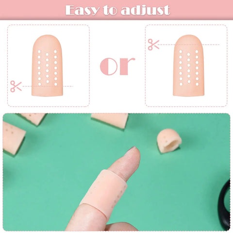 Gel Finger Cots Set 20 Piece Silicone Finger Protectors showing adjustable and breathable design on fingertip.