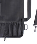 Close-up of Durable Knife Bag With Protective Pouch, showing black Oxford fabric, straps, and zipper for knives and tools storage.