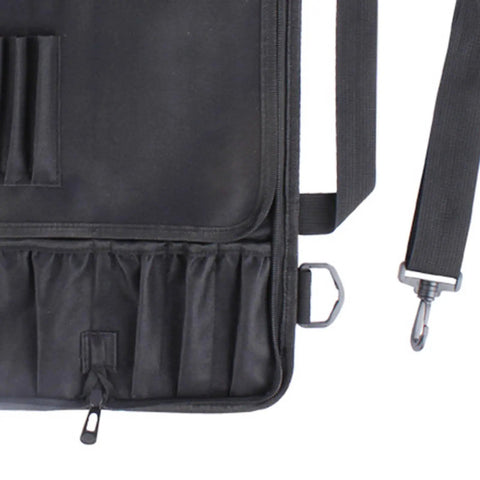 Close-up of Durable Knife Bag With Protective Pouch, showing black Oxford fabric, straps, and zipper for knives and tools storage.