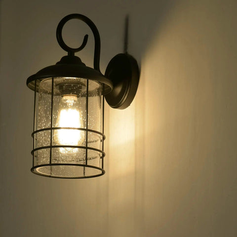 Two Pack Outdoor Wall Lanterns Built To Last With Matte Black Finish Anti Rust Exterior Sconces Clear Seedy Glass Waterproof
