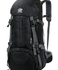 50L Waterproof Hiking Backpack With Rain Cover For Outdoor Adventures showing front and side pockets, mesh side pockets, black color