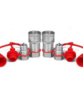 Front view of hydraulic quick-connect couplers with 1/4 in NPT ISO 7241-B, red dust caps, metal bodies.