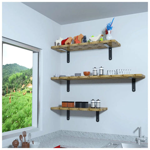 Top Tier Heavy Duty L Shaped Corner Brackets For Shelving Set Of 2 Black Metal Wall Mounts support rustic wooden shelves in a kitchen.