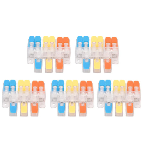 Five sets of 3 In 6 Out Quick Wiring Splice Cable Connector 41A 450V with red copper contacts in PA fire retardant housing.