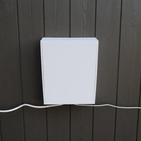 Premium Outdoor Electrical Box Cover Weather Resistant Dustproof Shield For Power Adapters mounted on dark wall.