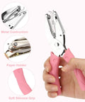 Handheld 1/16 Inch Circle Hole Puncher With Soft Grip Sturdy Metal Small Circle Punch for tags and crafts, cushioned pink handle
