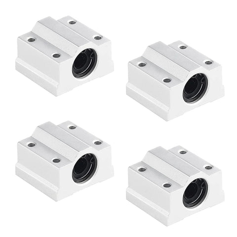 Four white aluminum linear motion bearing blocks for 8mm shafts with round bearing bores.