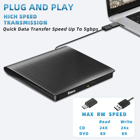 Portable External CD DVD Drive With USB 3.0 And USB C, Read Write ROM Burner For Laptops Desktops Windows Mac Linux, Plug And Play Optical Drive, Slim On The Go CD DVD Player, black brushed-metal case with USB cable