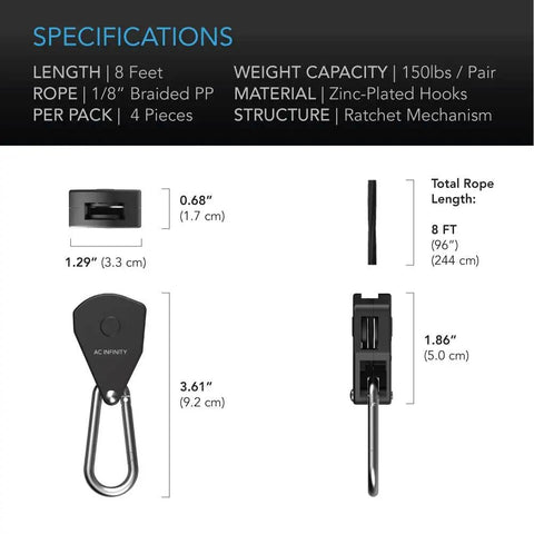 Adjustable One Eighth Inch Rope Hanger Kit With Heavy Duty Stainless Steel Ratchets And Carabiner Hooks Holds Up To 150 Lbs, 2 Pairs, Great For Hanging Lights, Fans, And Filters In Grow Setups