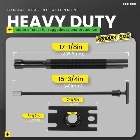 Universal Boat Gimbal Bearing Puller And Alignment Tool Kit diagram showing sizes and parts with steel and black finish.