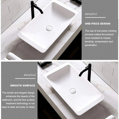 Slick Polished Artificial Stone Countertop Bathroom Sink With Integrated Drain Heavy Duty Oval Art Basin For Modern Vanity Cabinet top view on marble countertop.