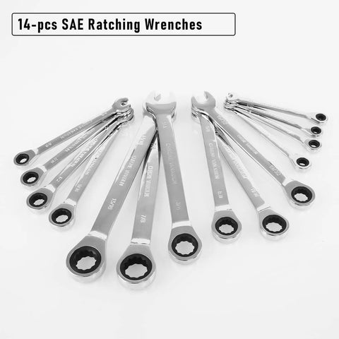14 Piece SAE Ratcheting Wrench Set With One Quarter Inch To Seven Eighths Inch Wrenches, Chrome Vanadium Steel