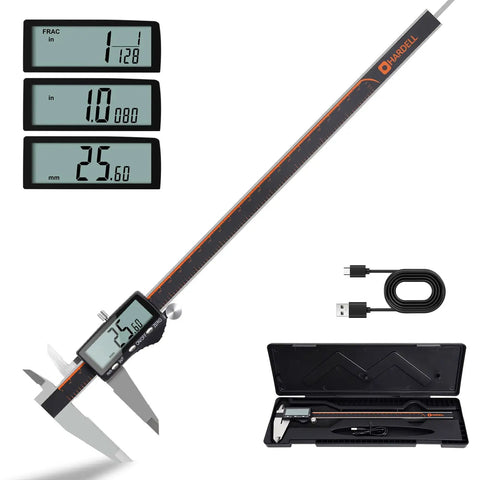 Rechargeable 12 Inch Digital Caliper With Large LCD Screen, Stainless Steel Tool for DIY, 3 Views, USB Cable, Case