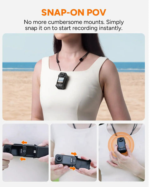 4K Vlog Cam With 64GB Memory, 154 Degree Wide Angle Lens, attached to a necklace, showing hands demonstrating different tools