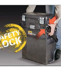 Person using safety lock on FatMax 4 In 1 Mobile Work Station With Tiered Cantilever Storage System Rolling Tool Cart.