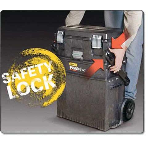Person using safety lock on FatMax 4 In 1 Mobile Work Station With Tiered Cantilever Storage System Rolling Tool Cart.