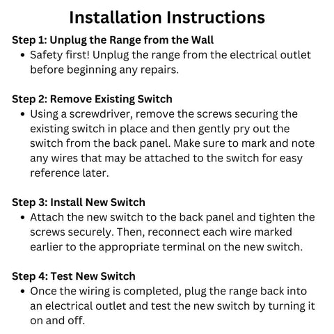 Installation Instructions for Infinite Switch For Samsung Oven Replacement Part DG44-01002A includes four steps.