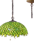 Showpiece Tiffany Style Pendant Light Fixture With Green Wisteria Stained Glass, 16 Inch Wide Shade, 40 Inch Overall Height Hanging Lamp, Antique Bronze Finish, Hardwired With Pull Chain, S523 Series