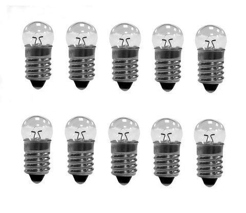 E10 Miniature Light Bulbs 6V 0.3A Warm Yellow Screw Base Pack Fifty shown in a row, suitable for lab and flashlight use.