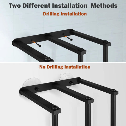 Comparison of two installation methods for black shelving unit: drilling and no-drilling installation options shown.