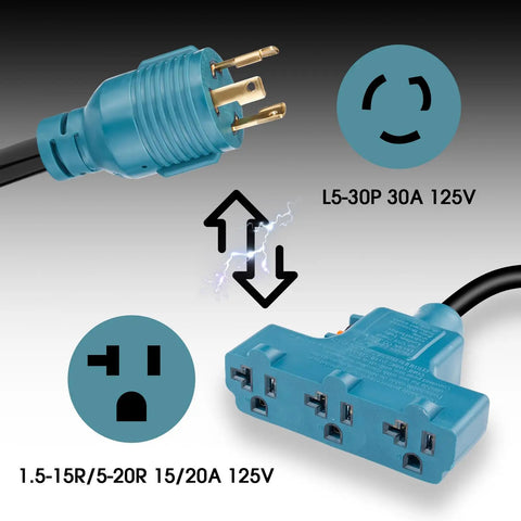 NEMA L5-30P To 5-15R 5-20R RV Generator Adapter With Circuit Breaker shown with 30 Amp locking plug and three household outlets.
