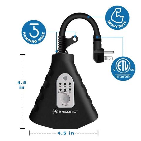 Kickass Waterproof Plug In Outdoor Light Timer With Remote Control And Automatic Dusk To Dawn Sensor Switch For Yard Halloween Christmas Seasonal Lighting, 4.5 inches, heavy duty design.