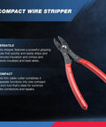 Compact 4 In 1 Wire Stripper Pliers For 12 20 AWG Wiring Crimping Cutting Gripping And Insulation Removal The Go To Electricians Tool For Insulated And Bare Wires A Handy 7 Inch Multi Function Tool with red handles on black background.