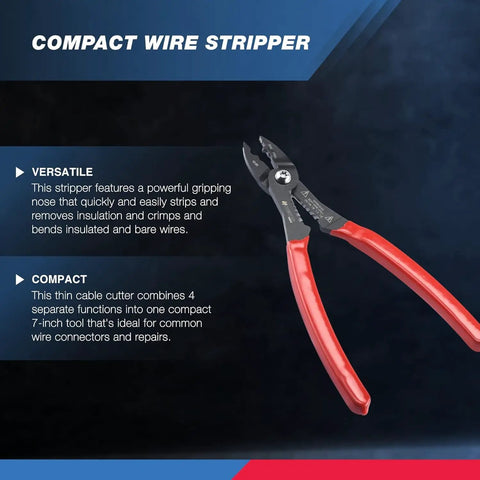 Compact 4 In 1 Wire Stripper Pliers For 12 20 AWG Wiring Crimping Cutting Gripping And Insulation Removal The Go To Electricians Tool For Insulated And Bare Wires A Handy 7 Inch Multi Function Tool with red handles on black background.