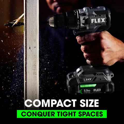 Person using Beast Mode 24V Brushless Cordless Drill Driver Kit With One Half Inch Chuck 750 Inch Pounds Torque Two Speed Two Point Five Amp Hours Batteries And A 160W Fast Charger in a tight space on wood