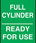 Green gas cylinder status tag for full cylinder, white text, pre-punched hole. Gas Cylinder Tags 25 Pack Green Five Point Seven Five By Three Point Two Five Inch Full Cylinder Status Tags Water Resistant Poly Based Cardstock With Pre Punch Hole Durable Pliable Labels For Gas Cylinders Made In USA.