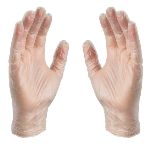 Top Shelf Clear Vinyl Disposable Gloves Straight Up Reliable 3 Mil Thickness shown on hands for industrial and food safe use.