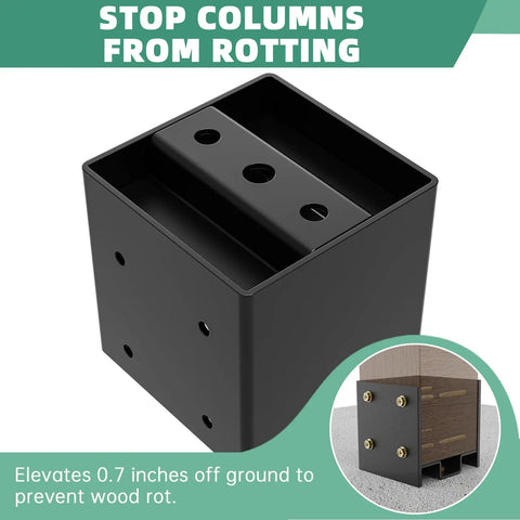 Heavy Duty 4x4 Post Base Uses Concealed Fasteners And Hidden Bolts For Secure Outdoor Deck Railings, black steel post mount elevating 0.7 inches.