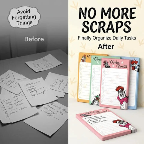 Before and after comparison of Chicken Themed Sticky Notes Set 4x6 Inches 200 Sheets Total Cute Rooster Paw Print Design.
