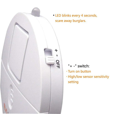 Close-up of Ultra Thin Window Alarm Pack Of 4 With 120dB Siren and Vibration Sensor showing LED and switch details.