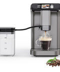 Dual Boiler Espresso Machine With Self Cleaning System Lcd Touch Fully Automatic Coffee Maker For Home And Office in sleek gunmetal brewing coffee.