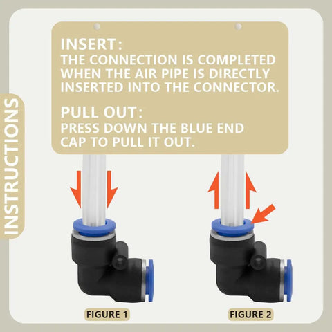 10 Pack 10mm 90 Degree Push In Elbow Pneumatic Fittings, showing insert and pullout instructions, plastic quick release adapters