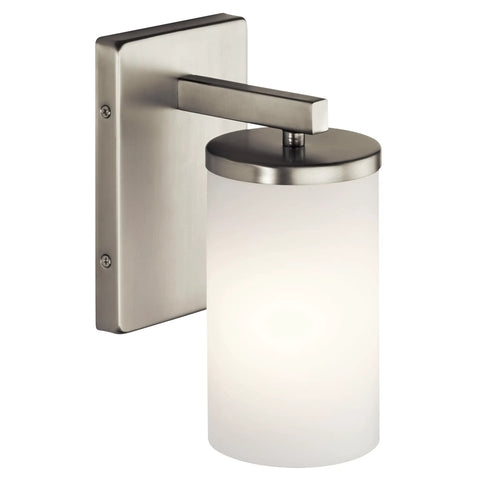 Crosby 9.25 Inch Wall Sconce In Brushed Nickel, 1 Light Low Key Chic Hallway Or Bathroom Vanity Light With Satin Etched Cased Opal Glass