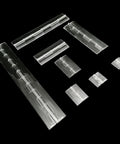 Ten Pcs Lengthened Clear Plexiglass Piano Hinge for Display Cabinets and Piano Lids, full view on black background, set of varying sizes