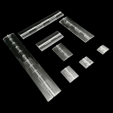 Ten Pcs Lengthened Clear Plexiglass Piano Hinge for Display Cabinets and Piano Lids, full view on black background, set of varying sizes