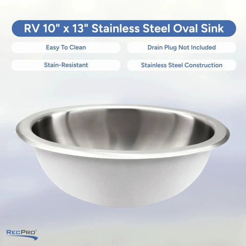 Stainless Steel RV Oval Sink With Single Bowl 10x13 Inch, 1.5 Inch Drain, No Faucet Included, shown on white backdrop