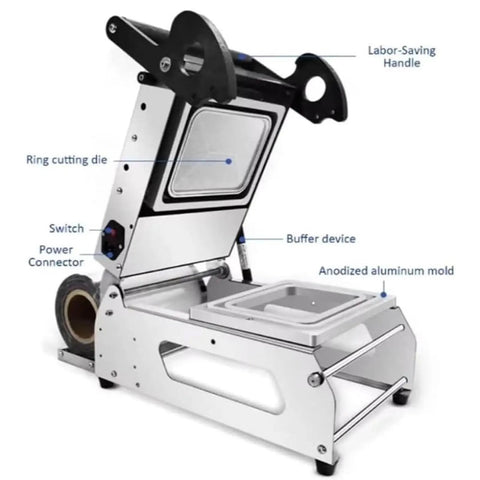 Top Notch Manual Food Sealing Machine For Sandwich Trays And Takeaway Boxes Delivers Fast Eight Seals Per Minute With Adjustable Heat Control to keep food fresh, featuring stainless steel and anodized aluminum.