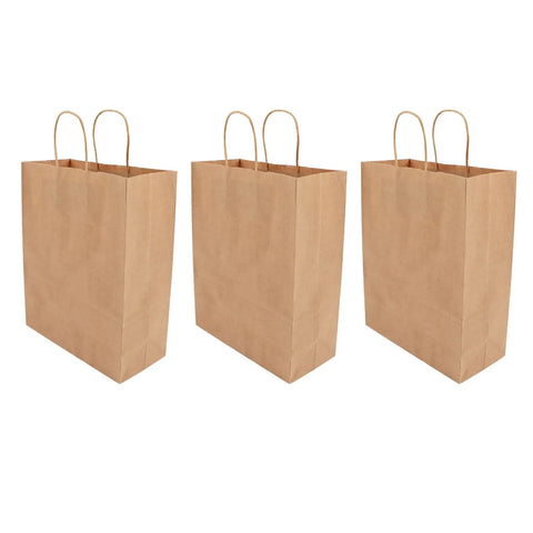 Three Kraft Paper Shopping Bags With Handles 50 Pack Reusable And Durable All Purpose For Grocery Runs Gifts