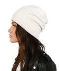 Side view of woman wearing Cozy Satin Lined Slouchy Beanie For Women Sleep Cap Night Hair Care Hat Rib Knit Winter Warmth Milky White