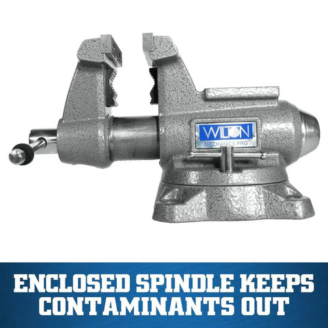 Mechanics Pro Bench Vise Built Tough For DIY Pros With 4.5 Inch Jaw Width, 4 Inch Opening, 3.5 Inch Throat, Durable Ductile Iron Build, Enclosed Spindle, Precision Slide Bar, 60,000 PSI Strength, Needle Roller Lubrication For Smooth Grade Clamping. Ductile iron bench vise with enclosed spindle
