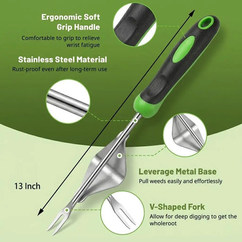Two Piece Weeding Tool Set With Lever Action Weed Puller And Precision L Shaped Crack Weeder Stainless Steel, 13-Inch size